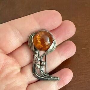 Art Nouveau Vintage Silver and Amber Brooch